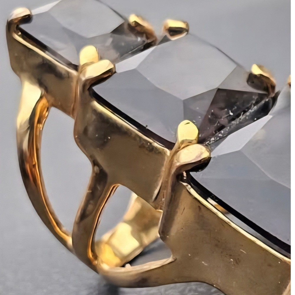Gold Tone Triple Tiered Smoky Grey Glass Stone Statement Cocktail Ring Size 7